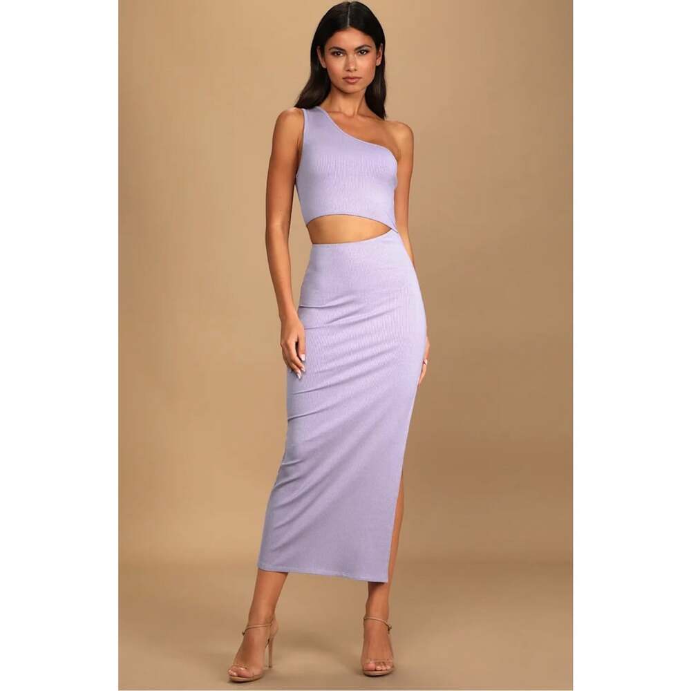 Lulus Spice Things Up Lavender Ribbed One Shoulder Cutout Midi Dress Small